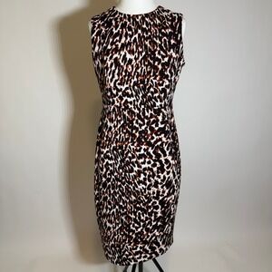 Calvin Klein Leopard Animal Print Sleeveless Scuba Sheath Dress Womens Size 6